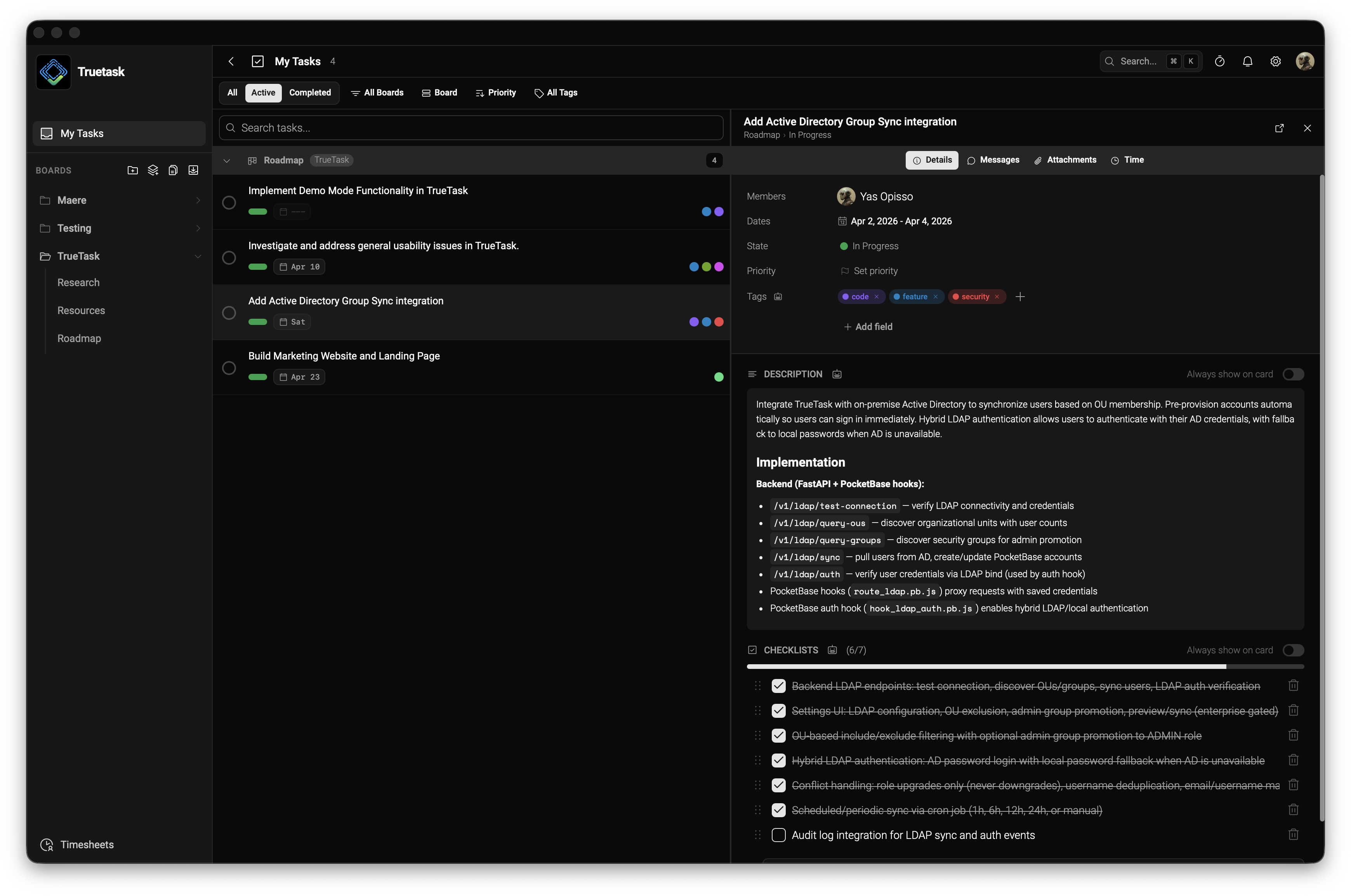 Truetask inbox view — dark mode