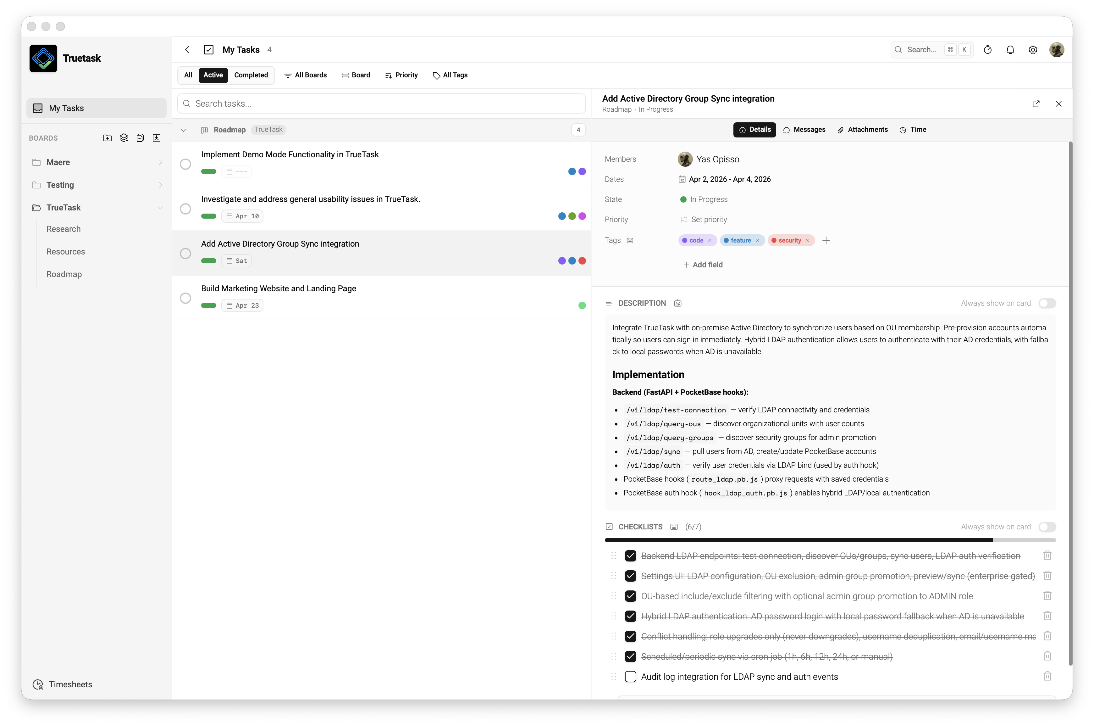 Truetask inbox view — light mode