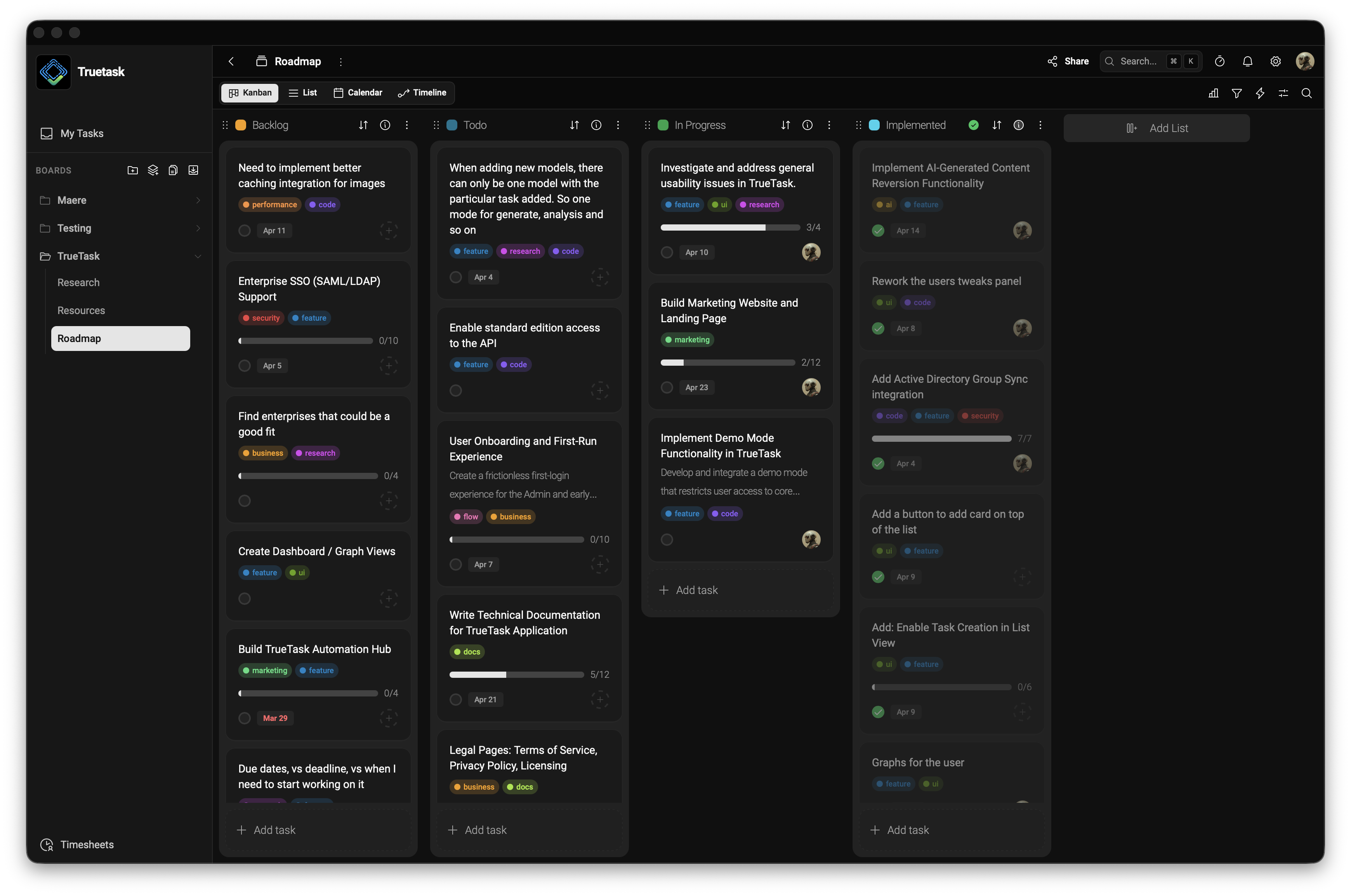 Truetask kanban board — dark mode with drag-and-drop task management, collapsible lists, and inline editing