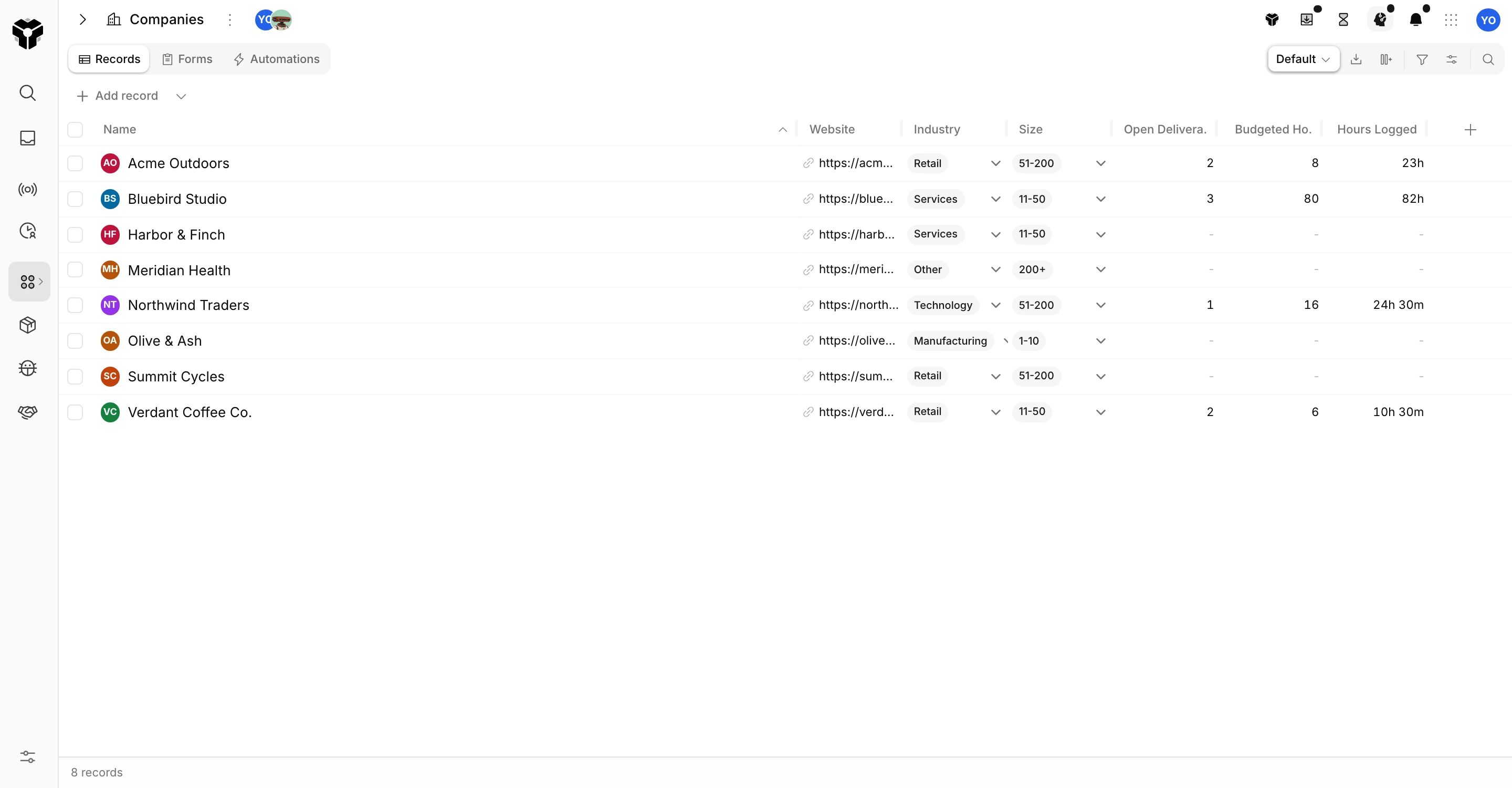 The Companies database in list view with rollup columns for pipeline, revenue and open deliverables per client.