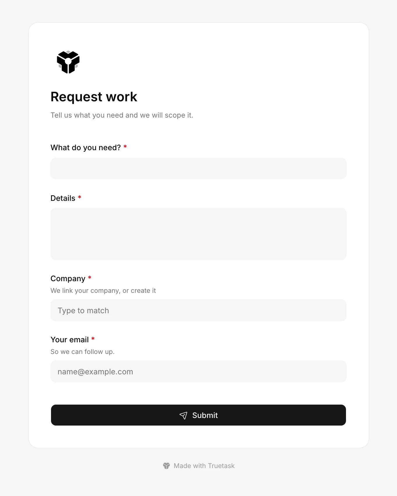The public Request work form for the studio, with the client field and a file upload.