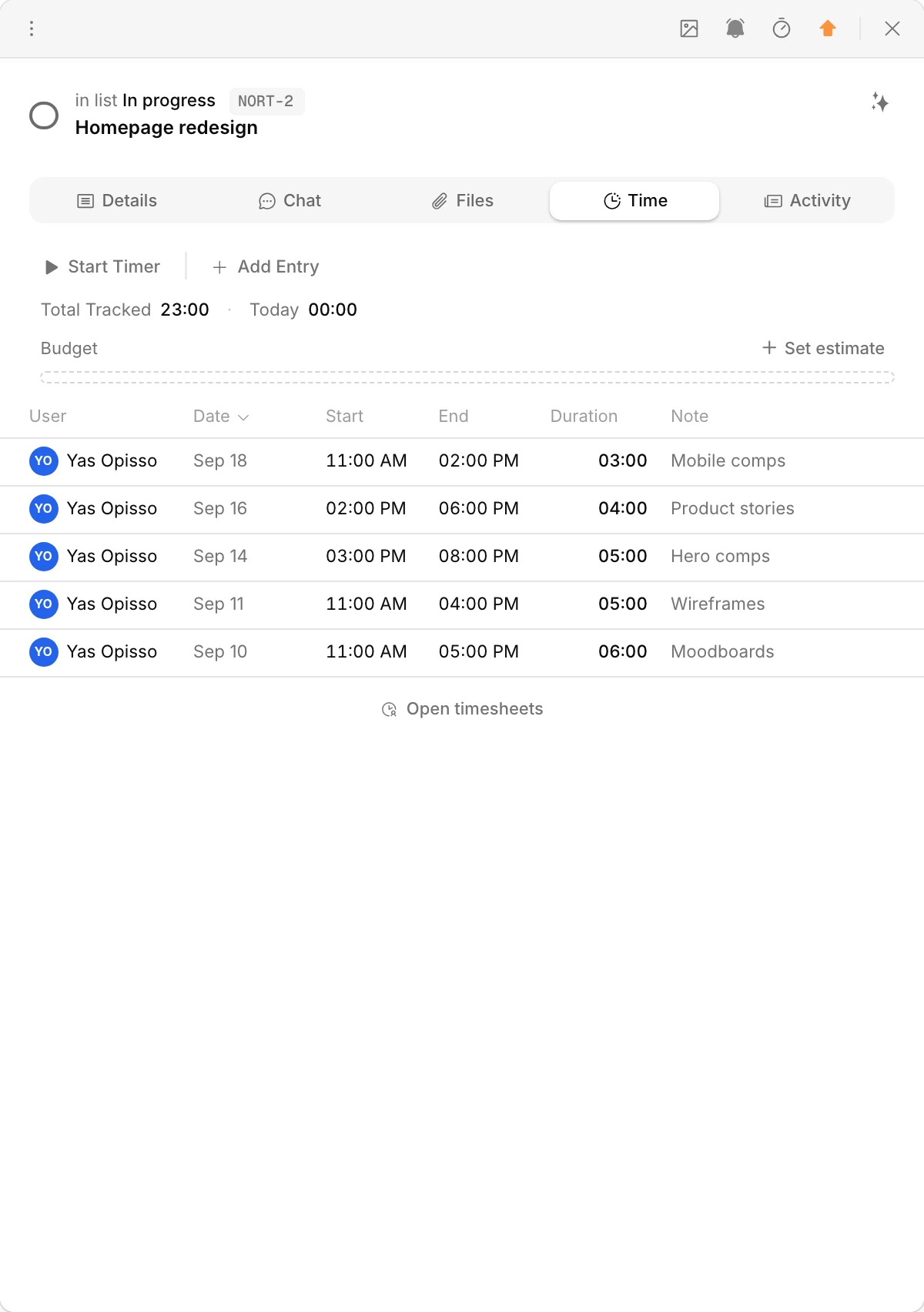 A task's Time tab with the timer and the week's billable entries.