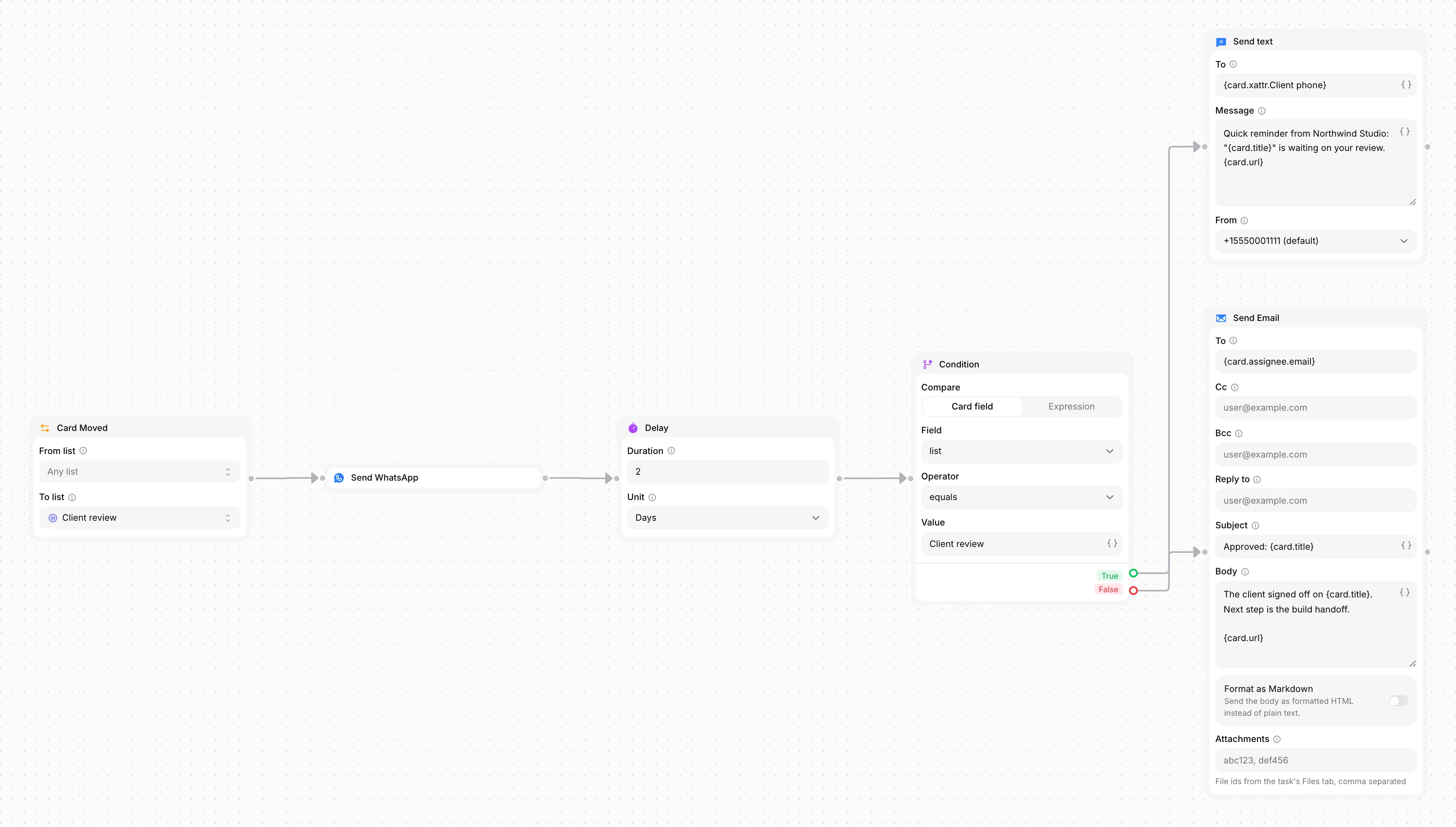 An automation: when a task moves to Client review, send the client a WhatsApp message, wait two days, then text a reminder if it is still waiting.