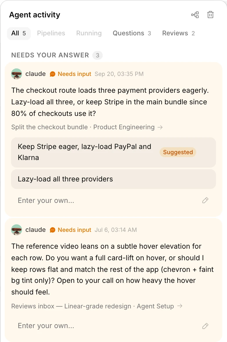 The Agent activity panel in the top bar: the open questions from every board, each with its suggested answer ready to tap.