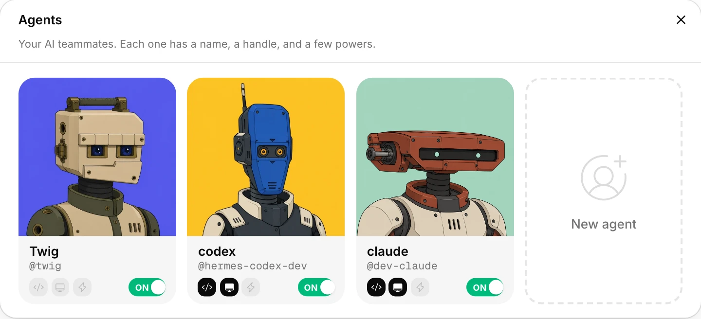 The Agents dialog: three named agents with portraits, handles and power toggles.