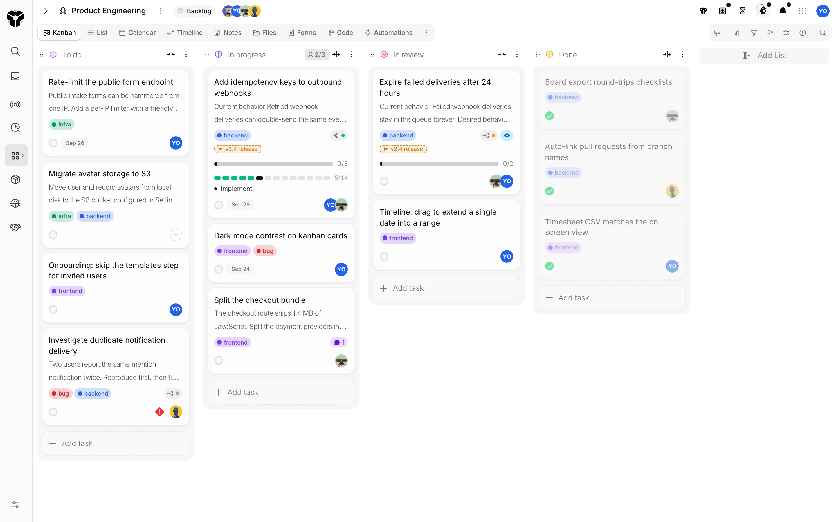 The kanban board with flow states, tags, milestones, priorities and a running agent's step strip on a card.