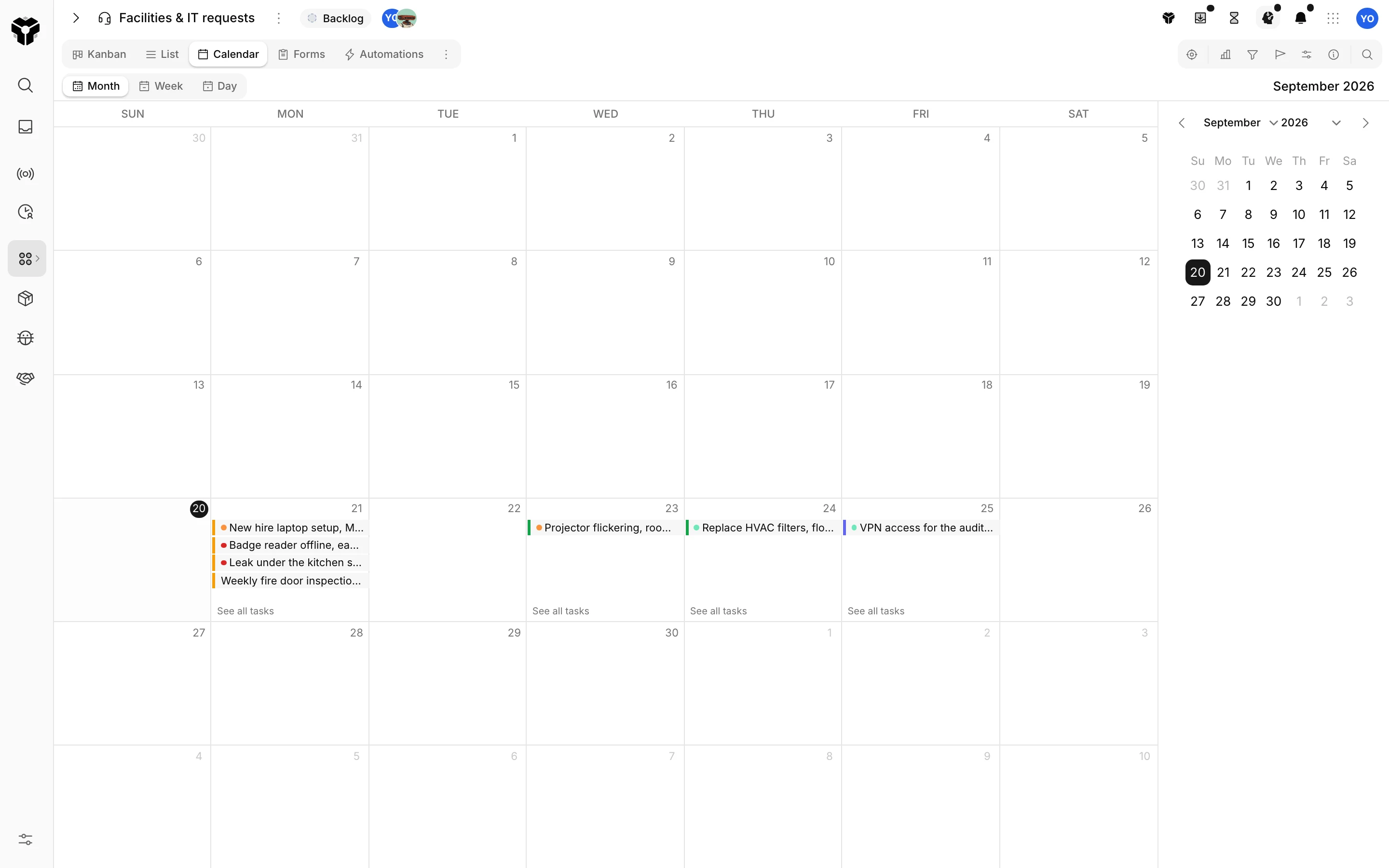 The request board in calendar view with due dates across the month.