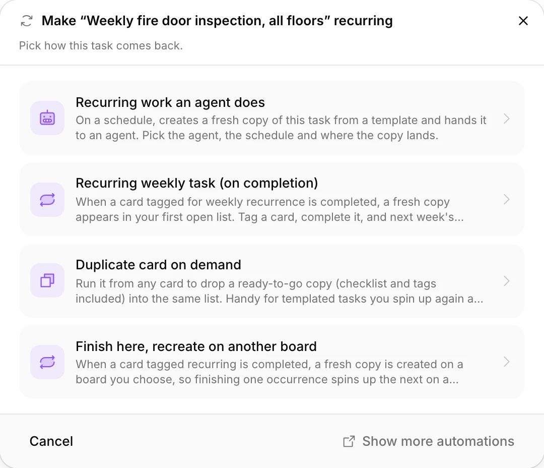 The Make recurring dialog for the weekly fire door inspection.