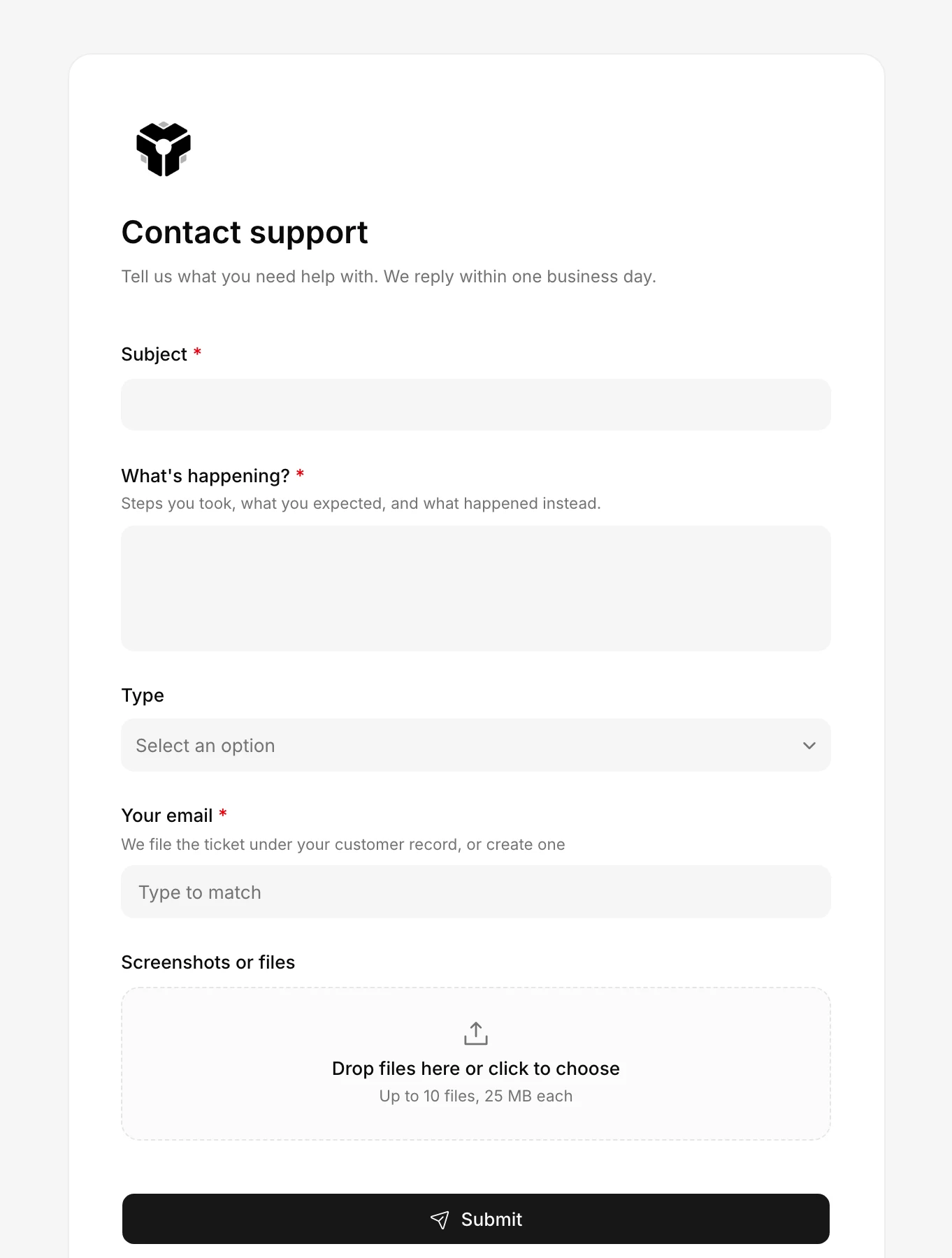 The public request form: title, details, type, the requester's record and a file upload.