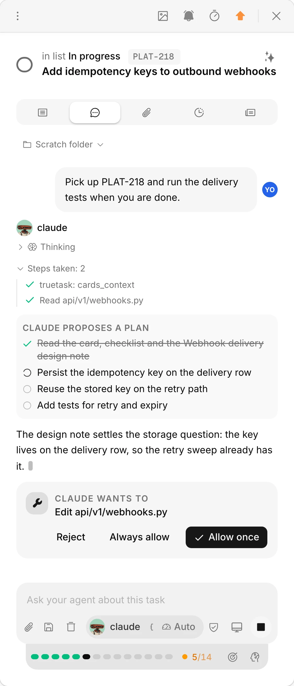 The same task chat on a phone: the agent's plan, its permission request to edit a file, and the Reject, Always allow and Allow once buttons.