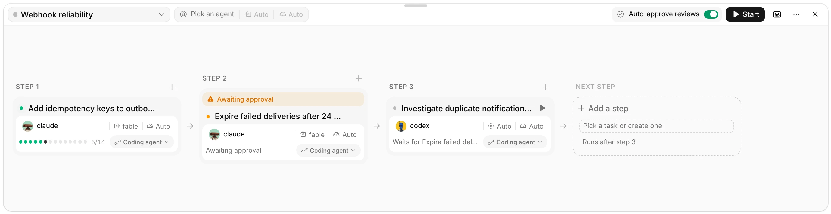 The pipeline drawer on the board: three steps in order, each with its task, agent, model, effort and workflow, one awaiting approval, with an auto-approve switch and a Start button.