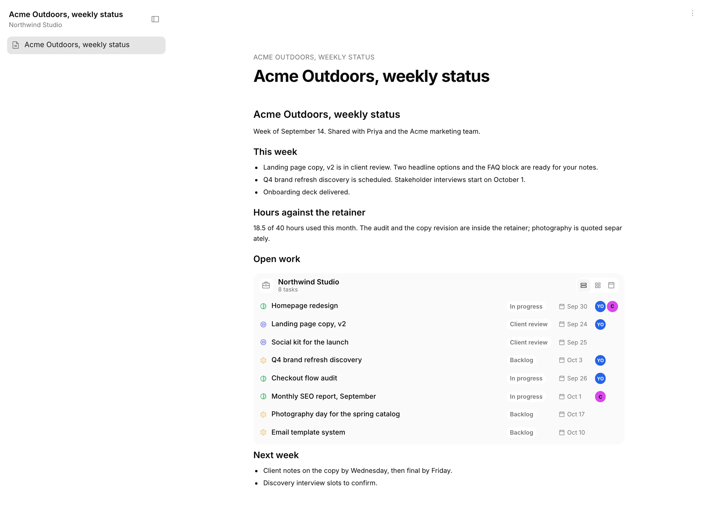 A published status note for Acme Outdoors with a live list of open tasks embedded.