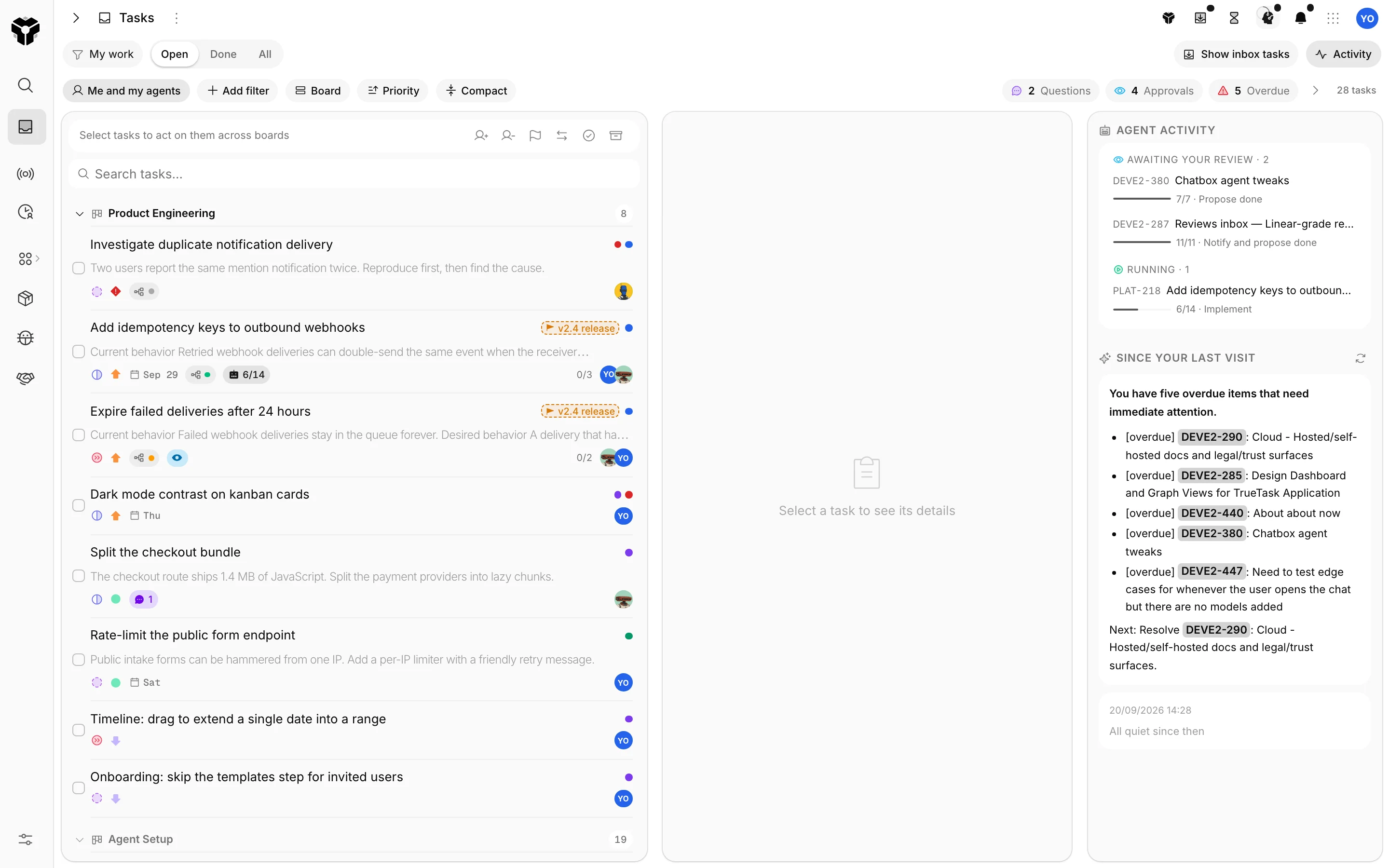 The Tasks page: every task across boards with filters, agent activity and a since-your-last-visit digest.